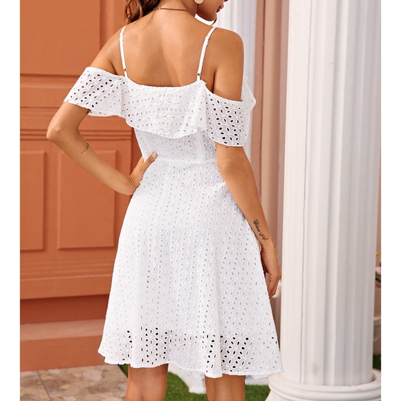 White Off the shoulder Eyelet Ruffle Trim Dress - Picture 2 of 7